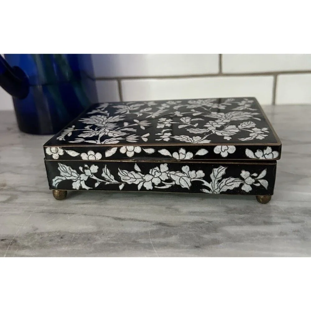 Early 20th Century Chinese Floral Cloisonné Cloisonne Black Box Brass Enamel